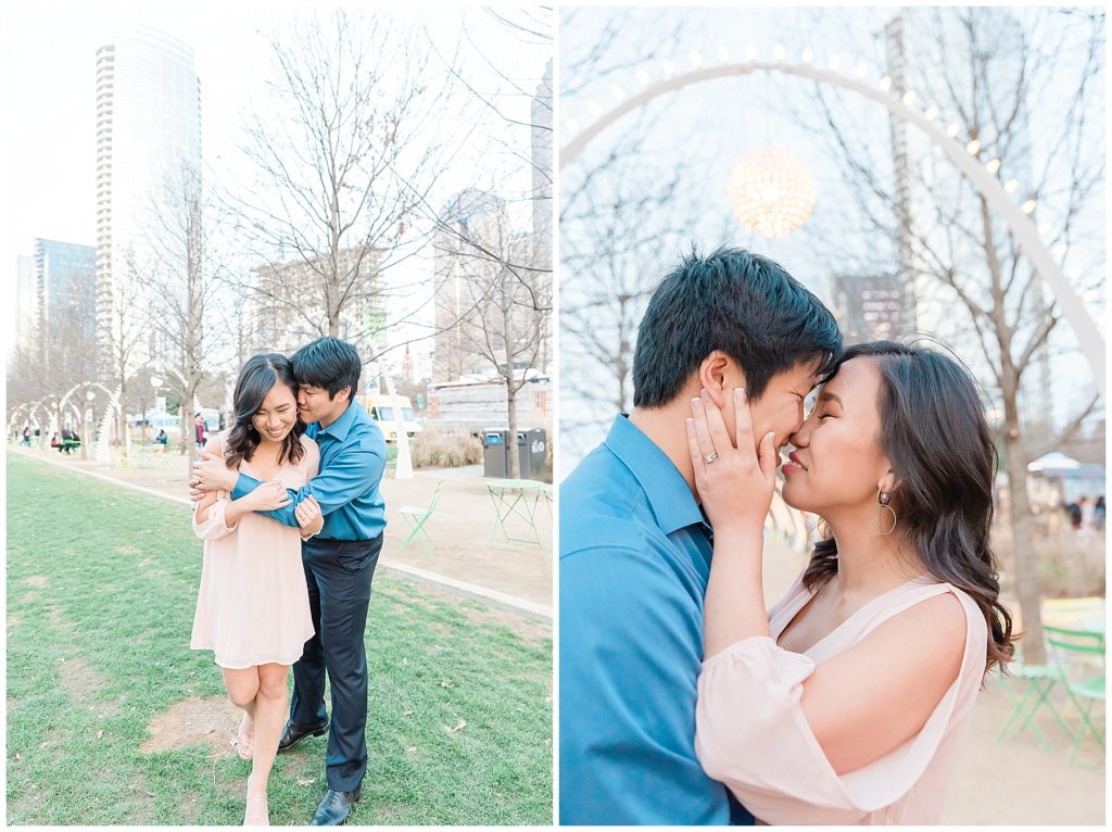 anniversary session engagement session at klyde warren park dallas texas archways giggle kiss