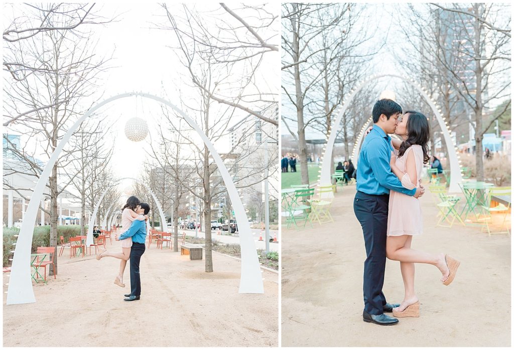 anniversary session engagement session at klyde warren park dallas texas archways giggle kiss foot pop lift pose