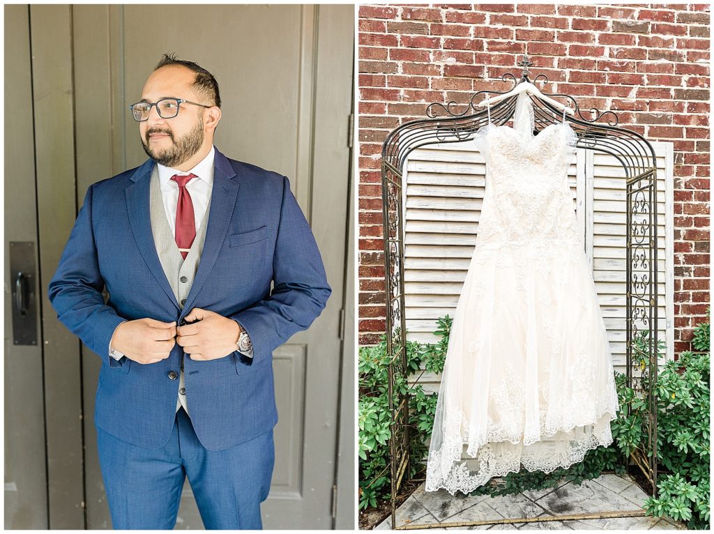 groom buttoning jacket lace wedding dress