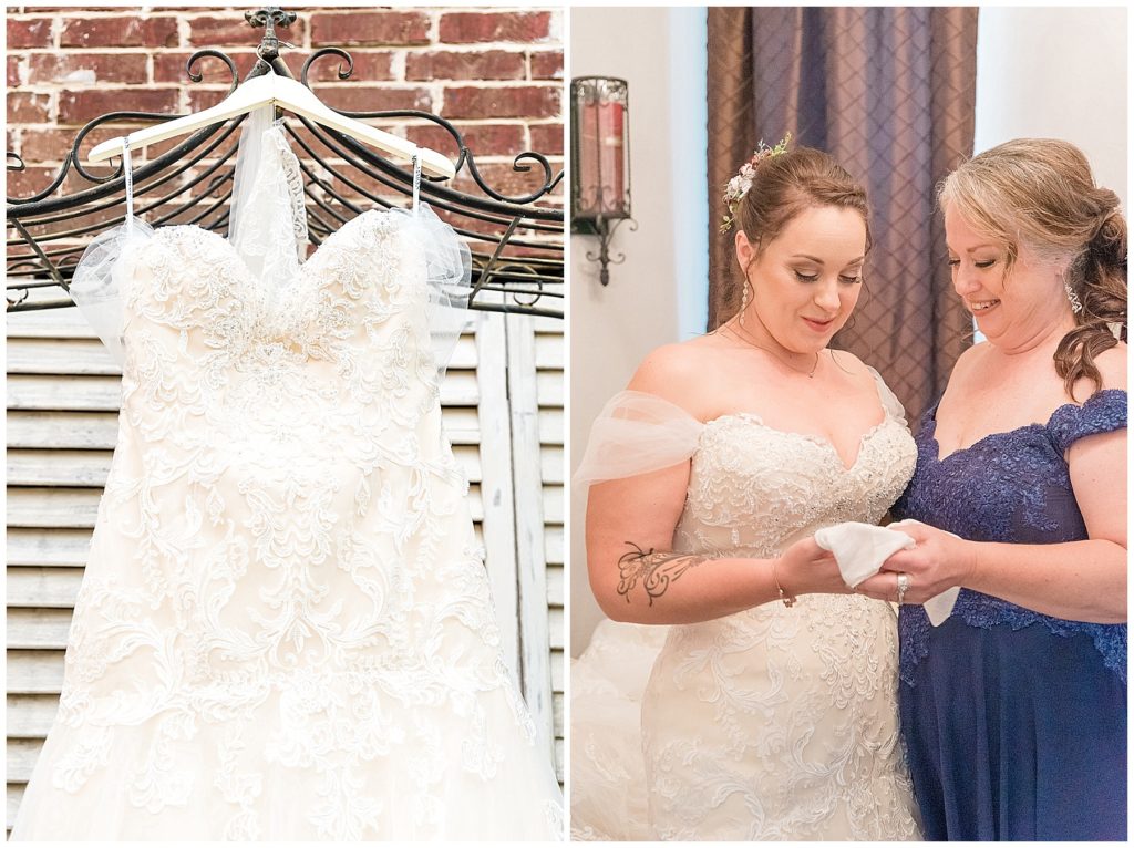 lace wedding dress with sweetheart neckline bride and her mother on wedding day