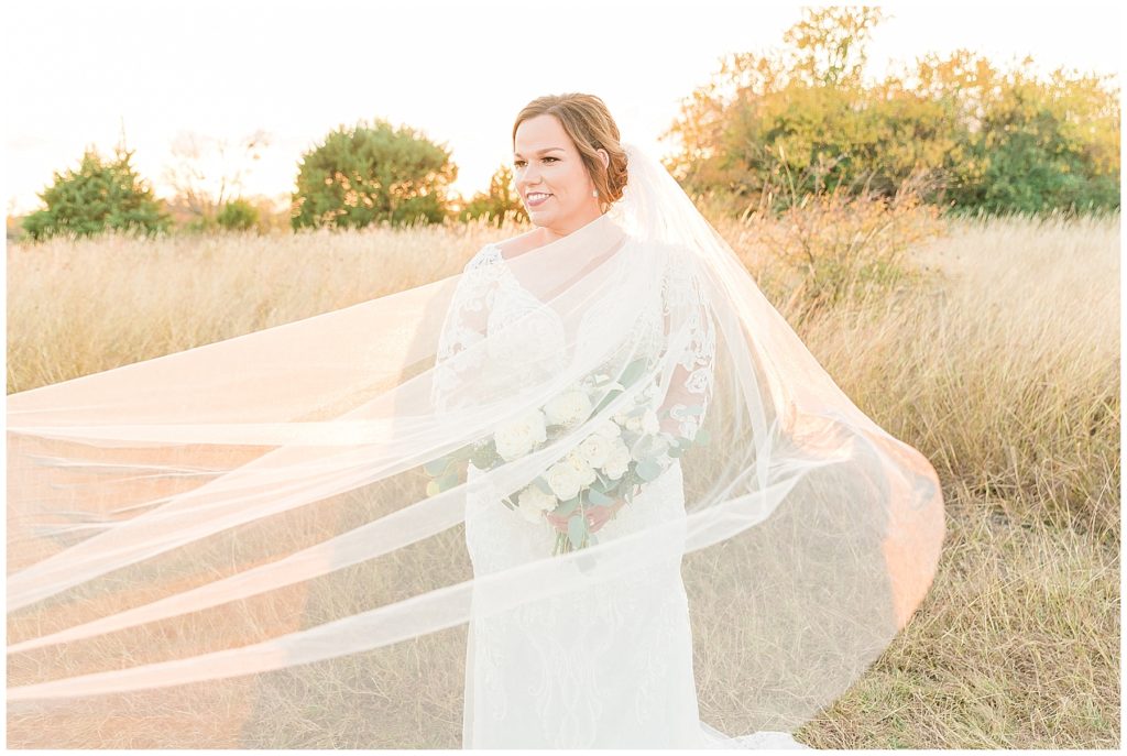 bride in lace dress and cathedral length veil in field in texas