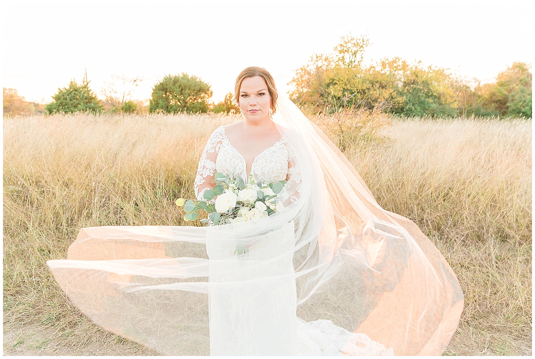 bride in lace gown with v neckline with cathedral length veil blowing in the wind in field in dallas texas