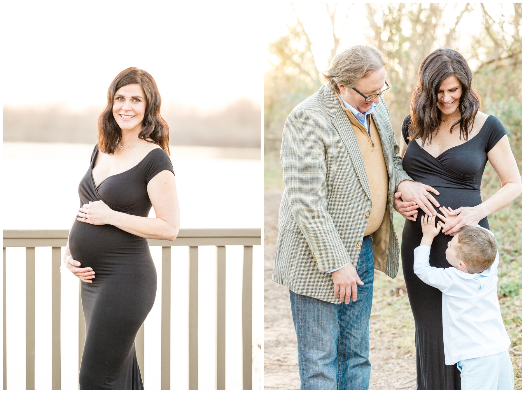 family poses along Red River during maternity session at sunset 