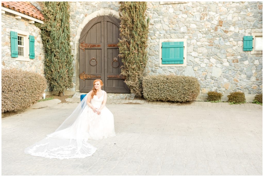 bride with cathedral length veil in front of stone wall with wooden doors