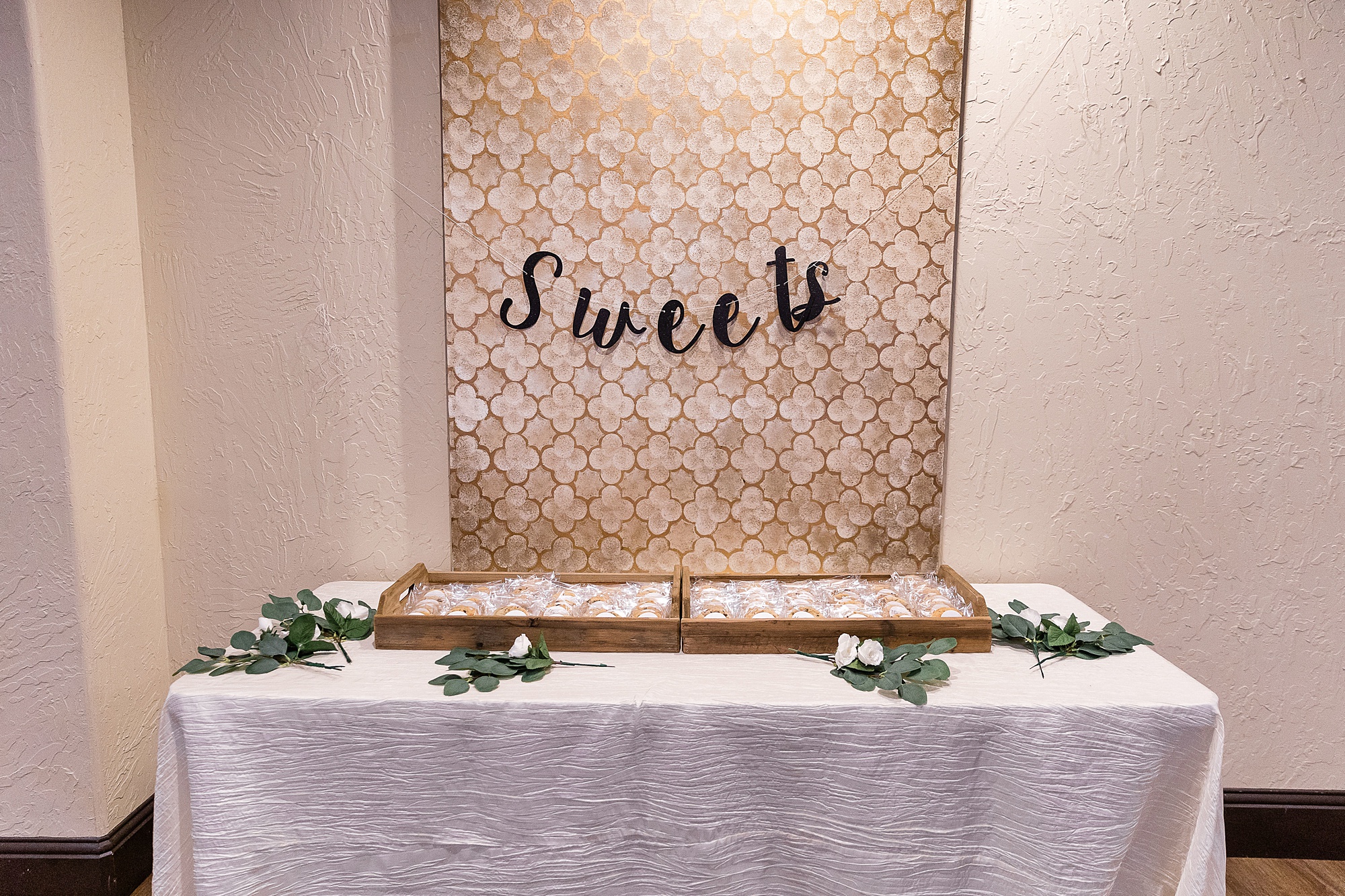 sweets sign at Chapel at Ana Villa wedding reception 