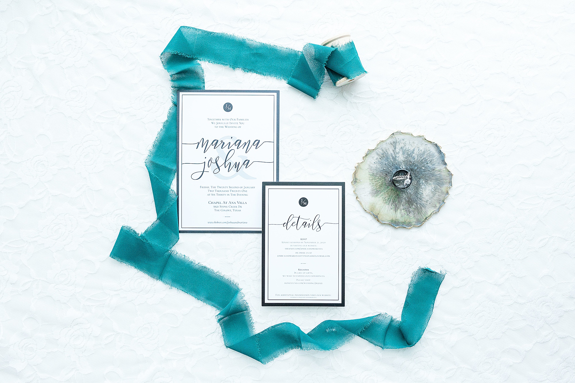 invitation suite with teal ribbon and shell