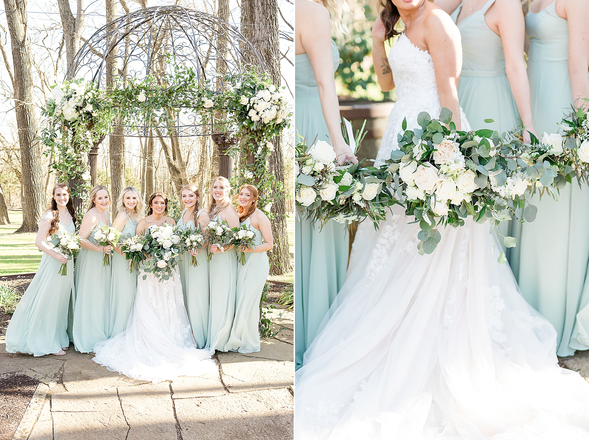 bride and bridesmaids stand together by arbor