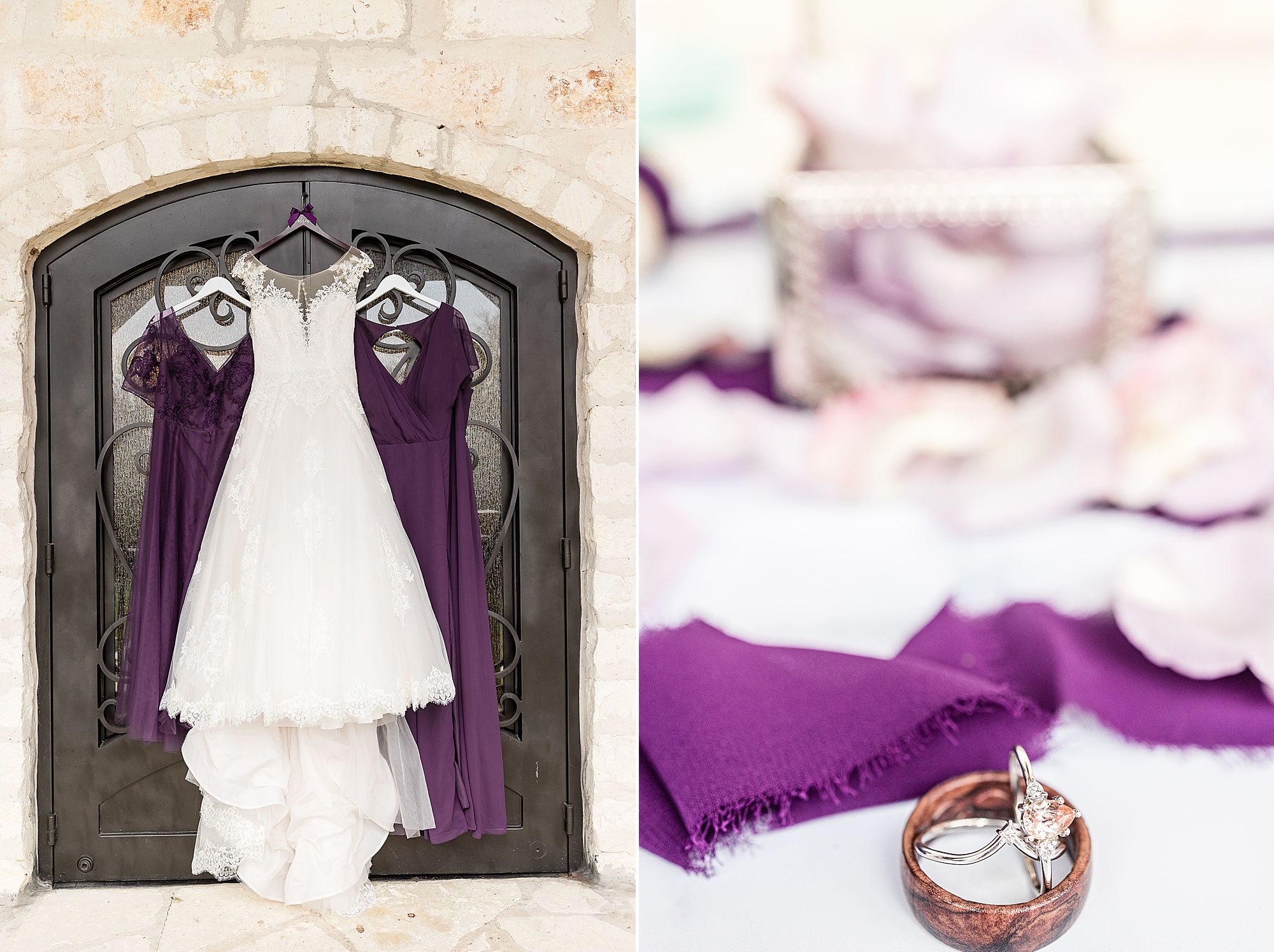 wedding dress and bridesmaid dresses in plum hang on wrought iron door
