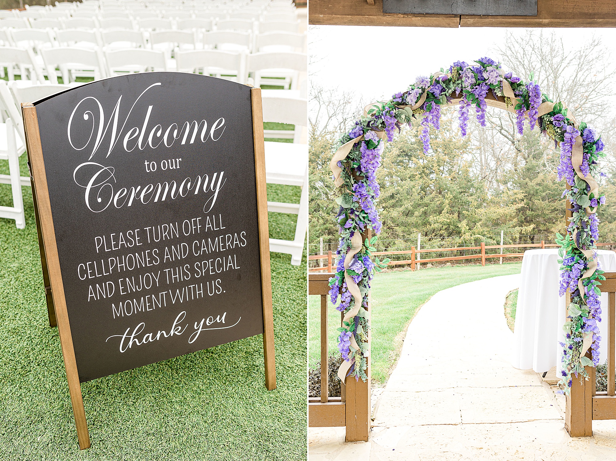 floral arbor and welcome sign for Stone Hall at the Springs wedding ceremony