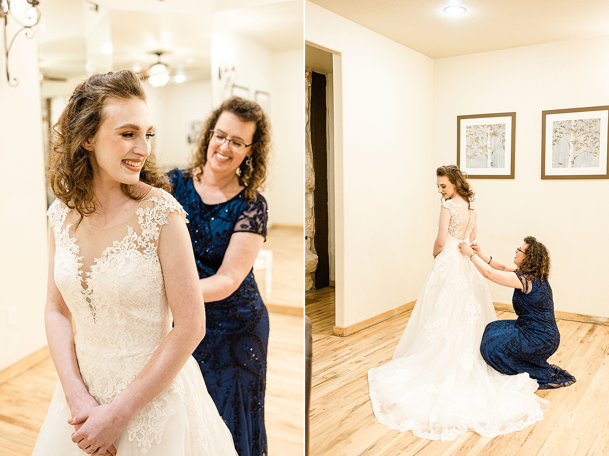 mom helps daughter with wedding dress before Stone Hall at the Springs wedding 