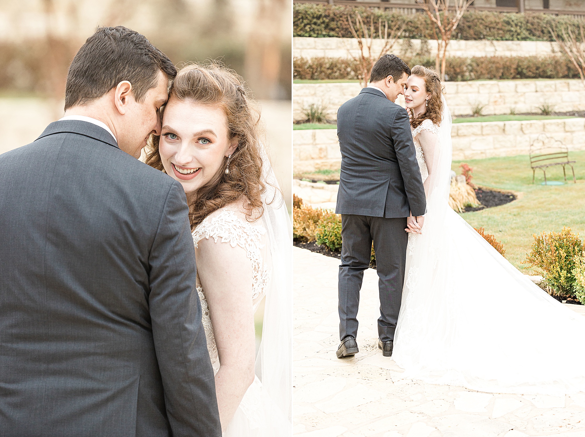 bride looks over groom's shoulder during portraits at Stone Hall at the Springs