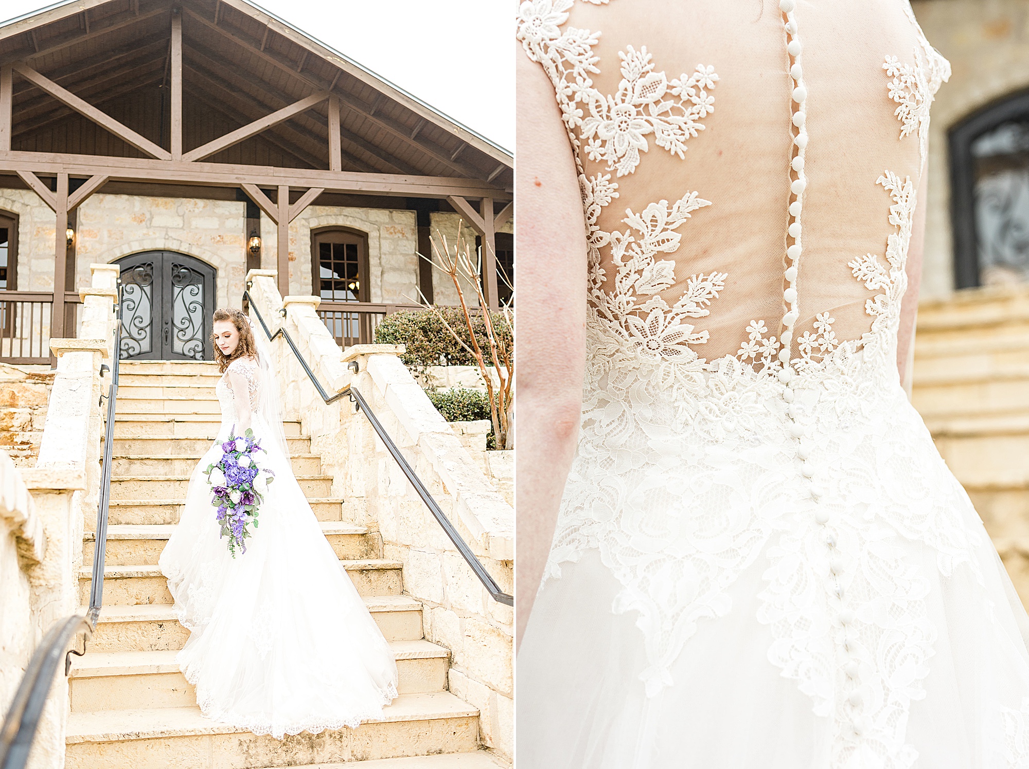 bride walks up steps showing off lace back of wedding gown