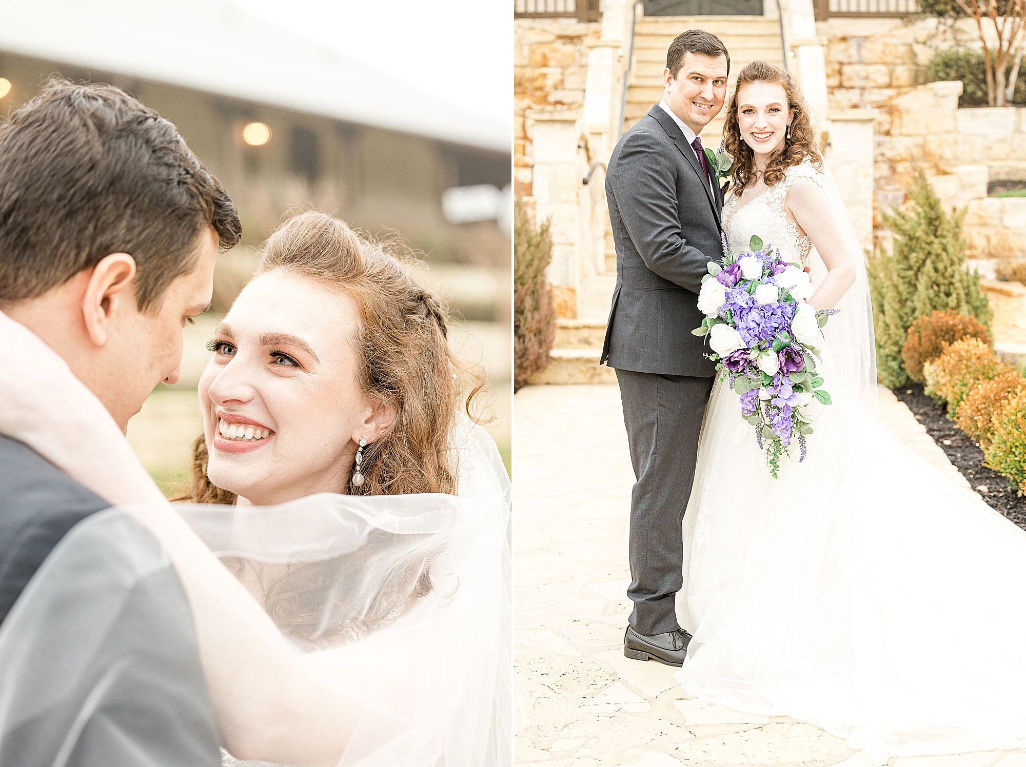 bride and groom smile at each other during Stone Hall at the Springs wedding photos 