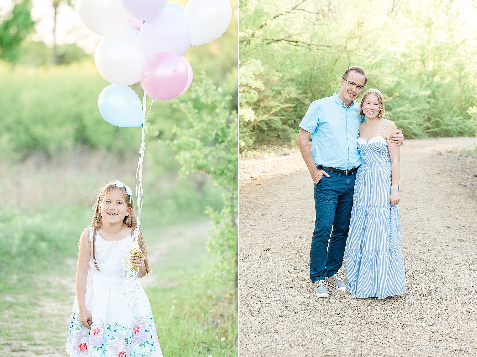 daughter holds balloons during TX family photos at Clear Creek Natural Heritage Center