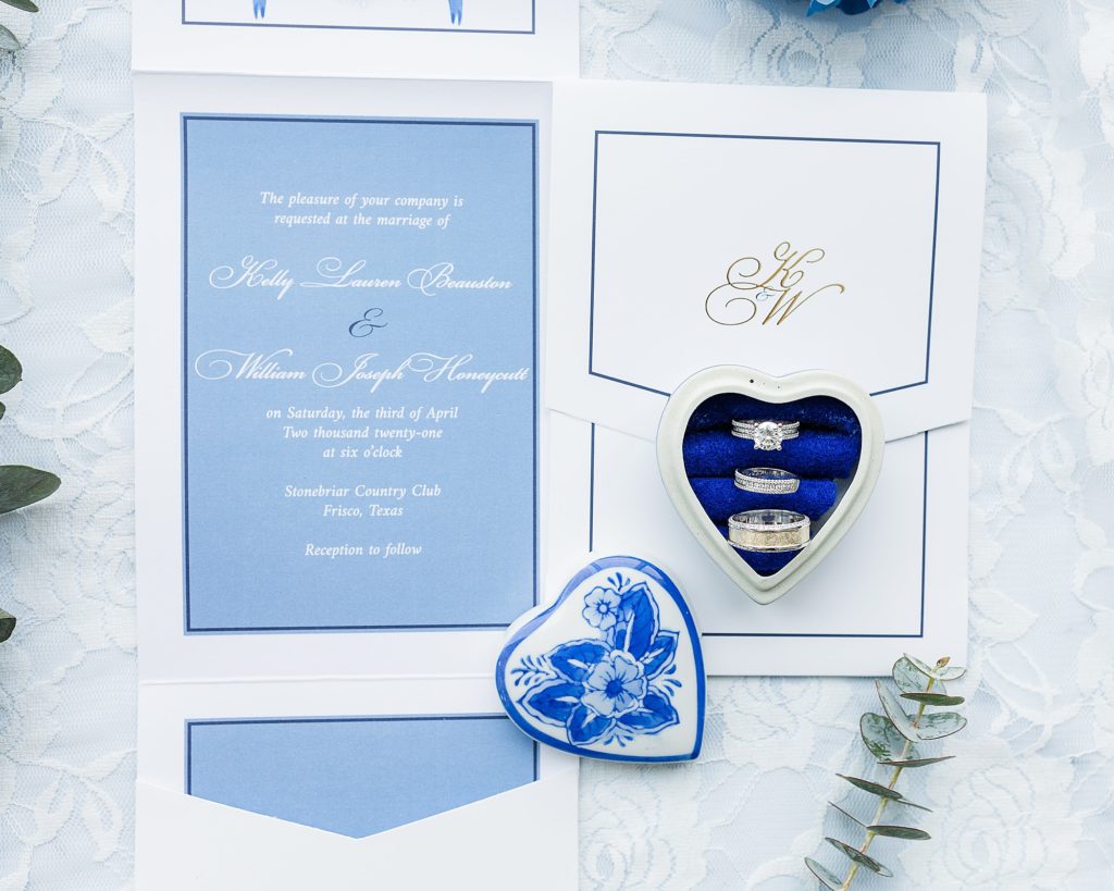 blue details for Texas wedding day in Frisco
