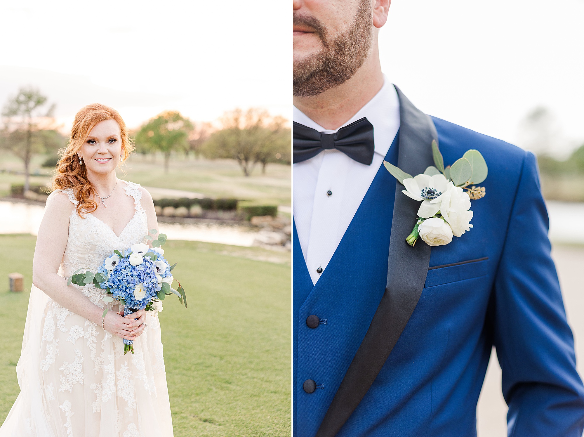bride poses with bouquet of blue flowers and groom has boutonnière of white flowers