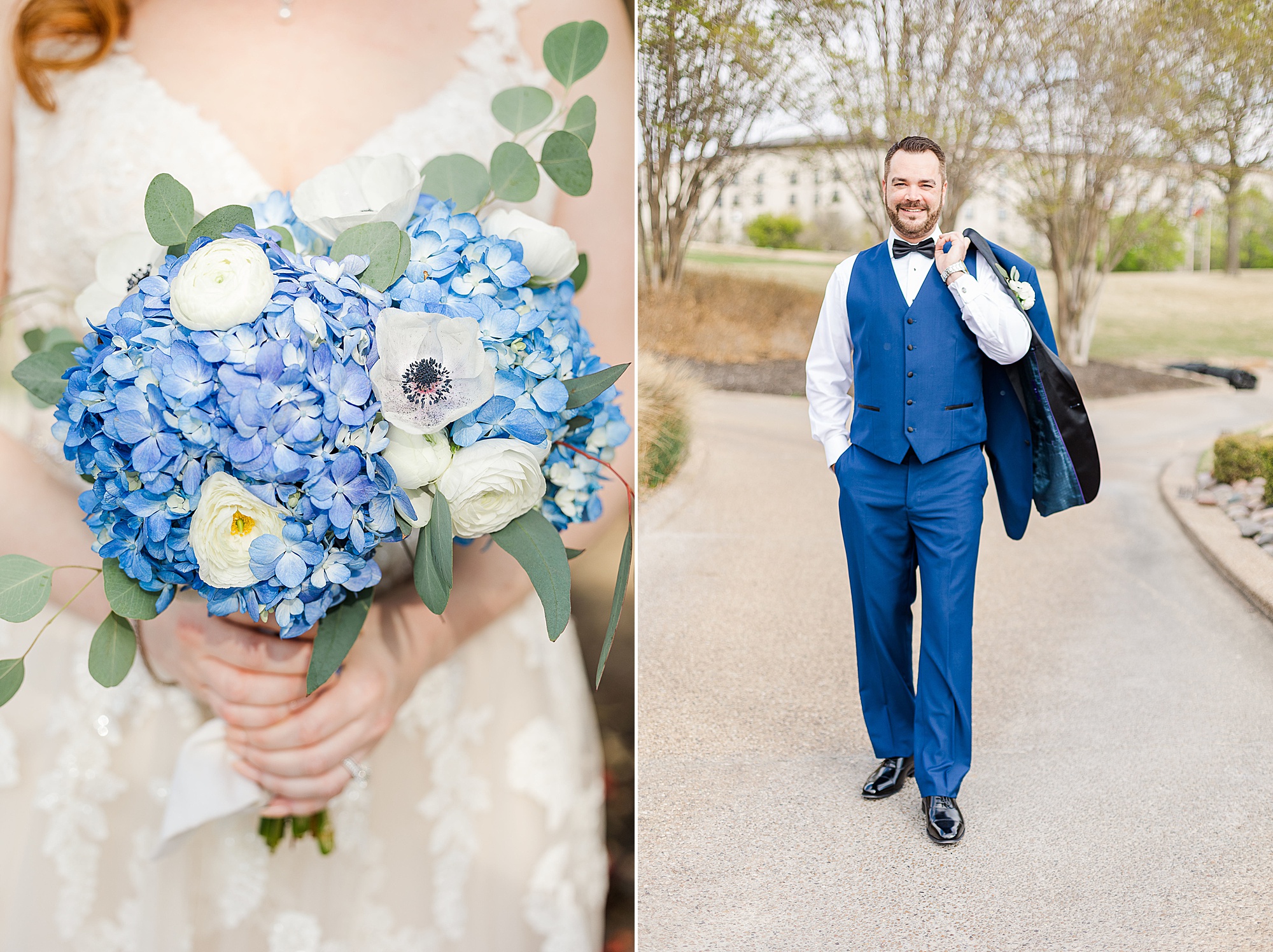 groom walks withe blue suit while bride holds bouquet of blue flowers