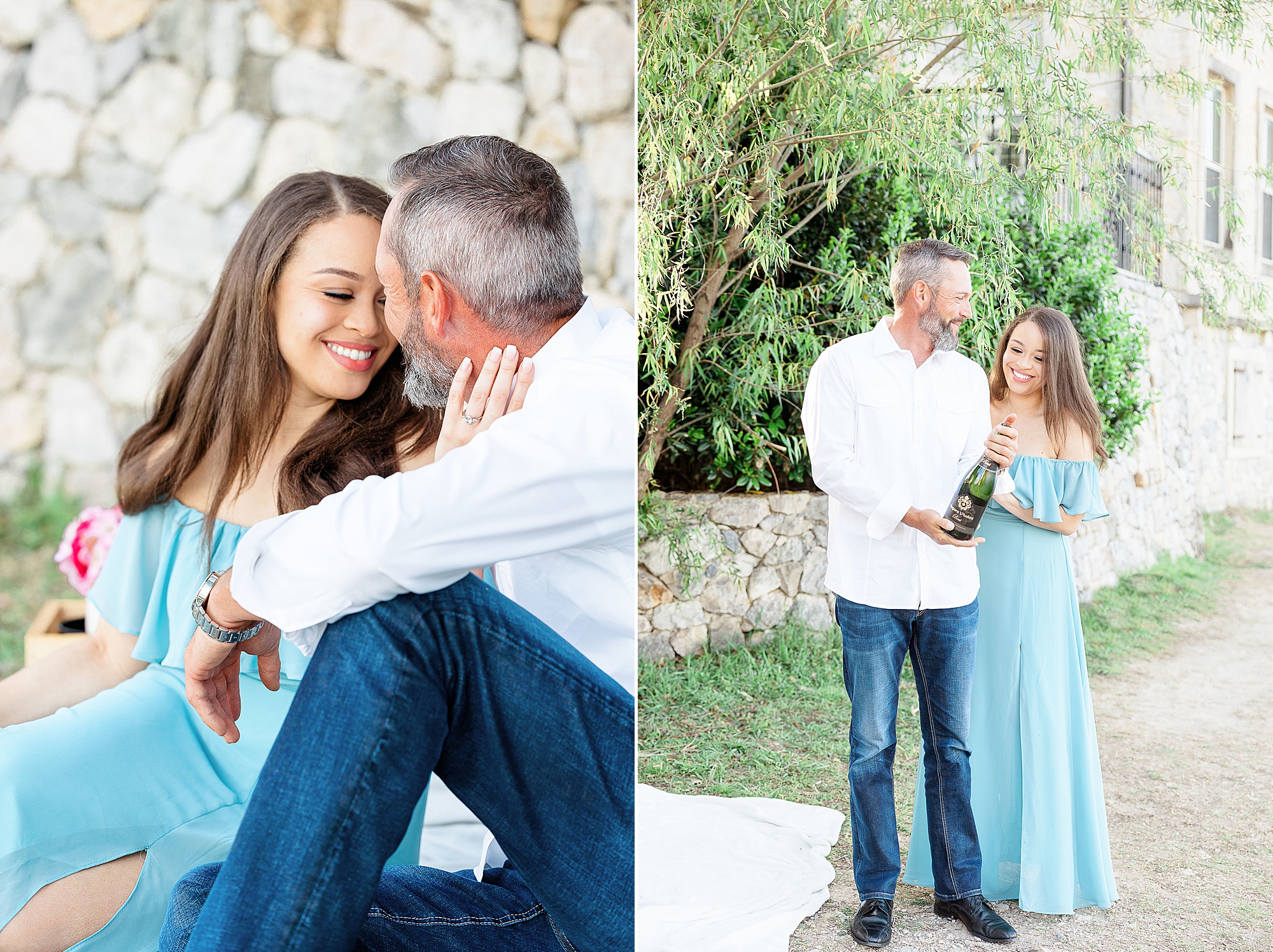 engaged couple sits by stone wall at Adriatica Village