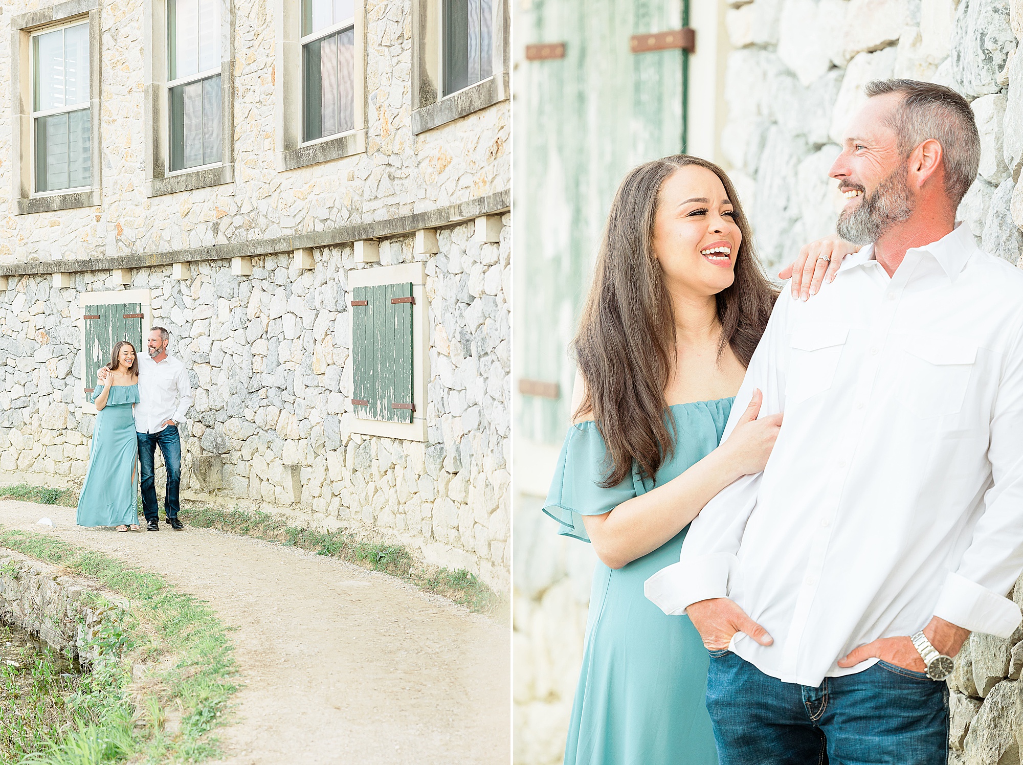 bride and groom laugh during Adriatica Village engagement photos