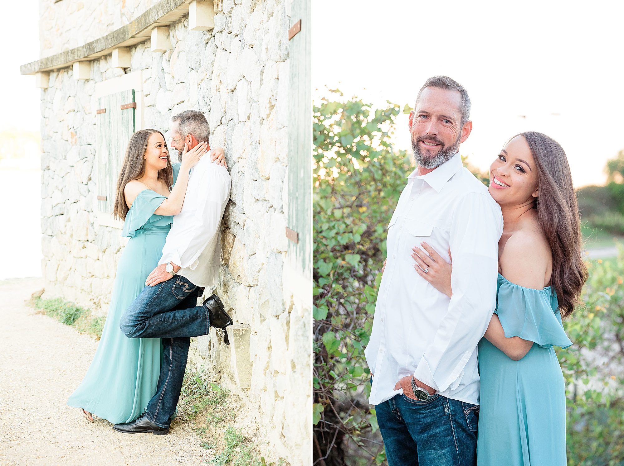 engaged couple poses along brick wall at Adriatica Village