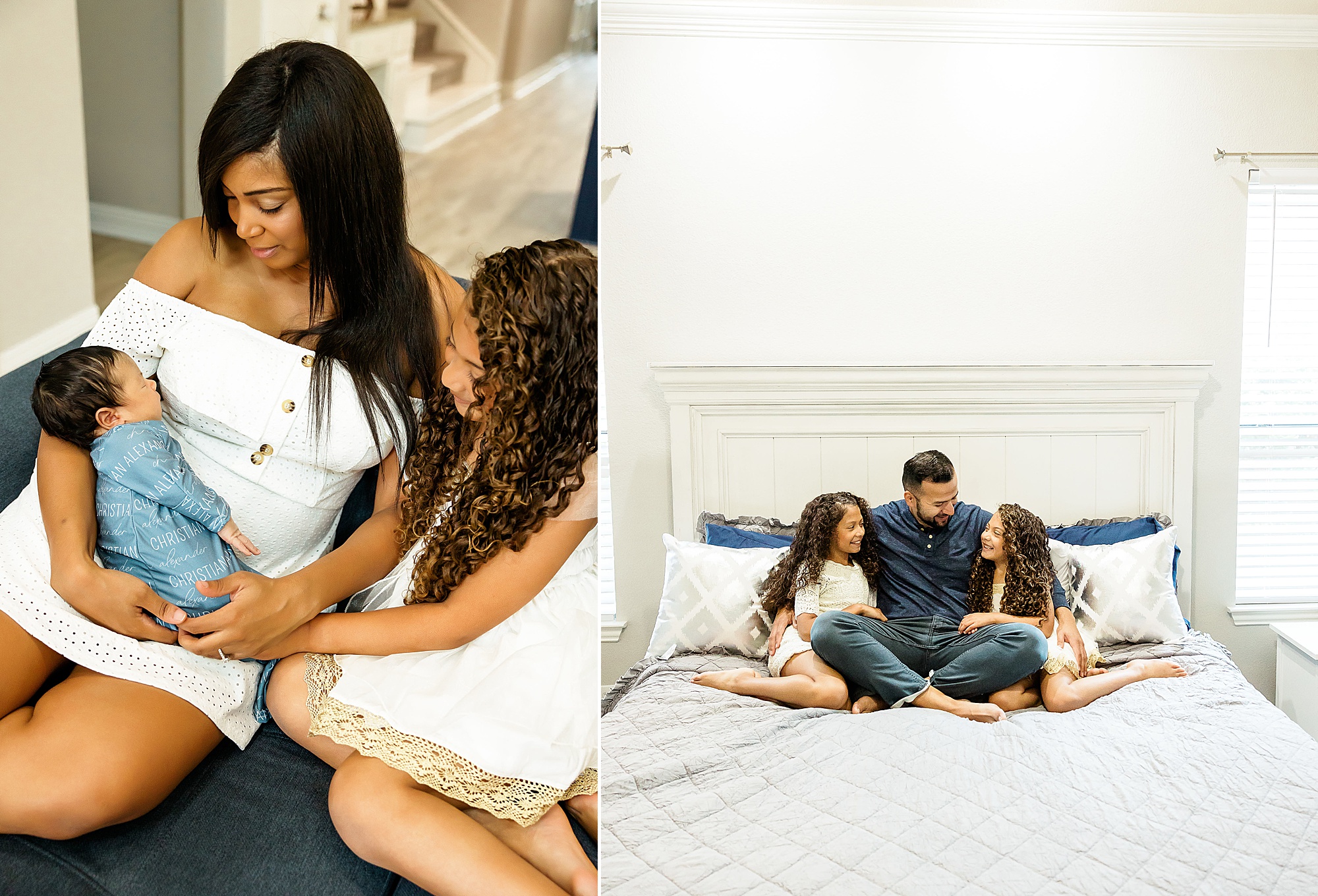family of five sits with new son during Dallas lifestyle newborn session