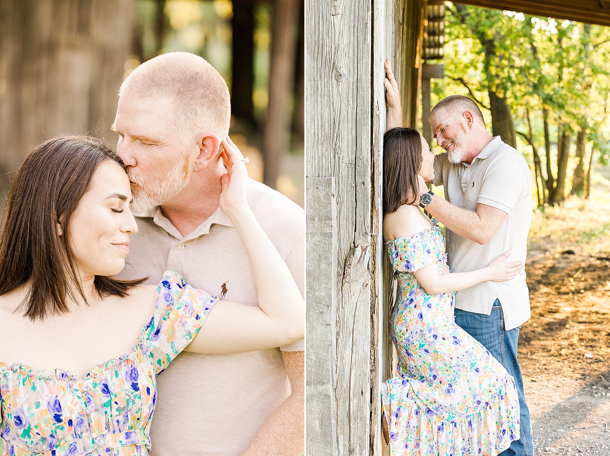 groom kisses bride's forehead during Parker Rose Garden engagement photos