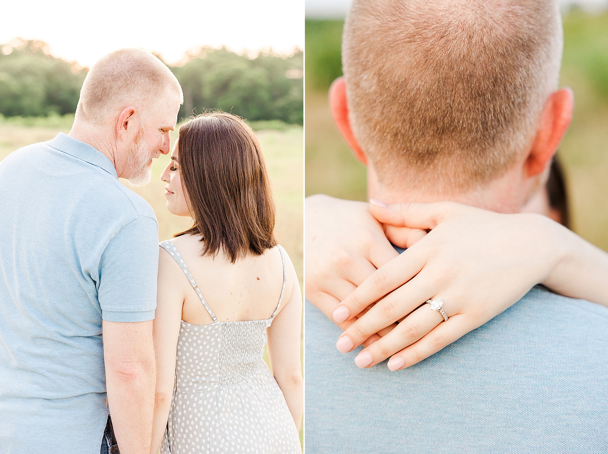 bride and groom hug in field during engagement photos