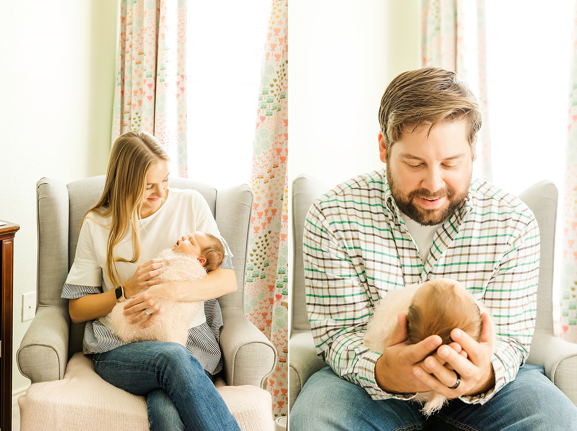 parents look at new daughter during Krum lifestyle newborn session