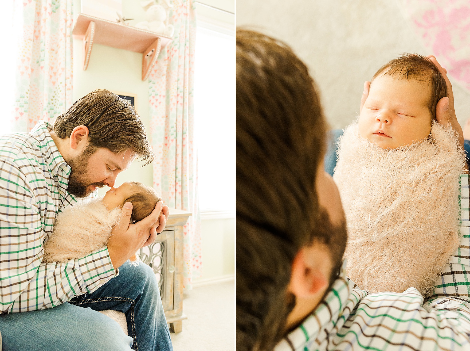 dad snuggles with daughter during Krum lifestyle newborn session