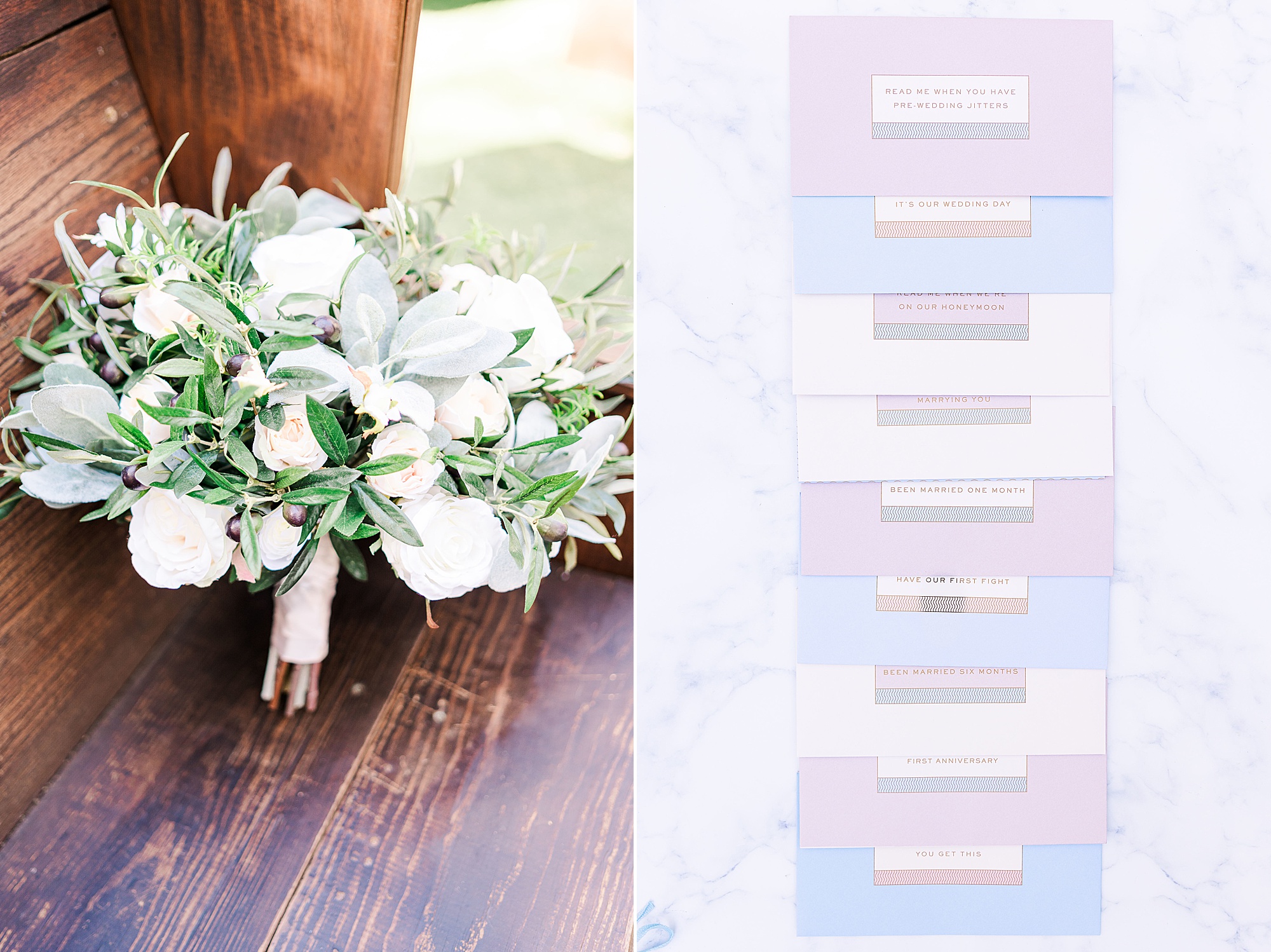 bouquet sits on wooden bench next to invitations