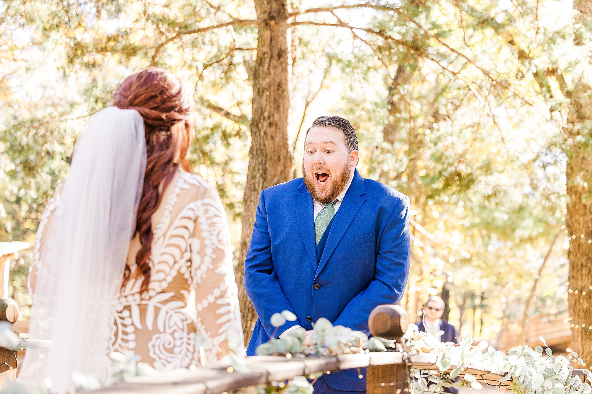 groom reacts to seeing bride for the first time on wedding day in Texas