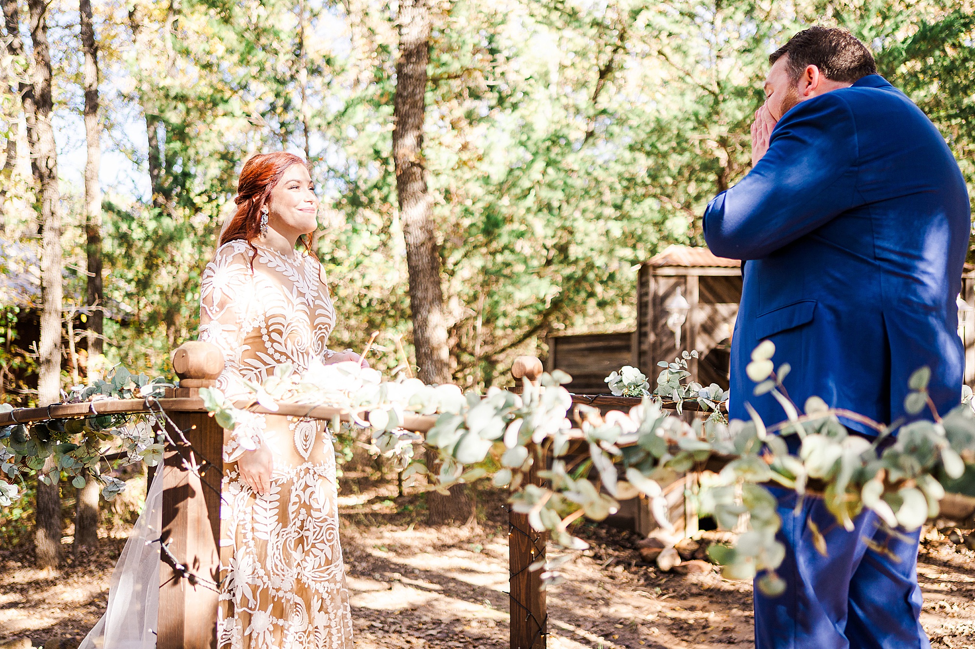 bride and groom react during first look at Oak Meadow Ranch