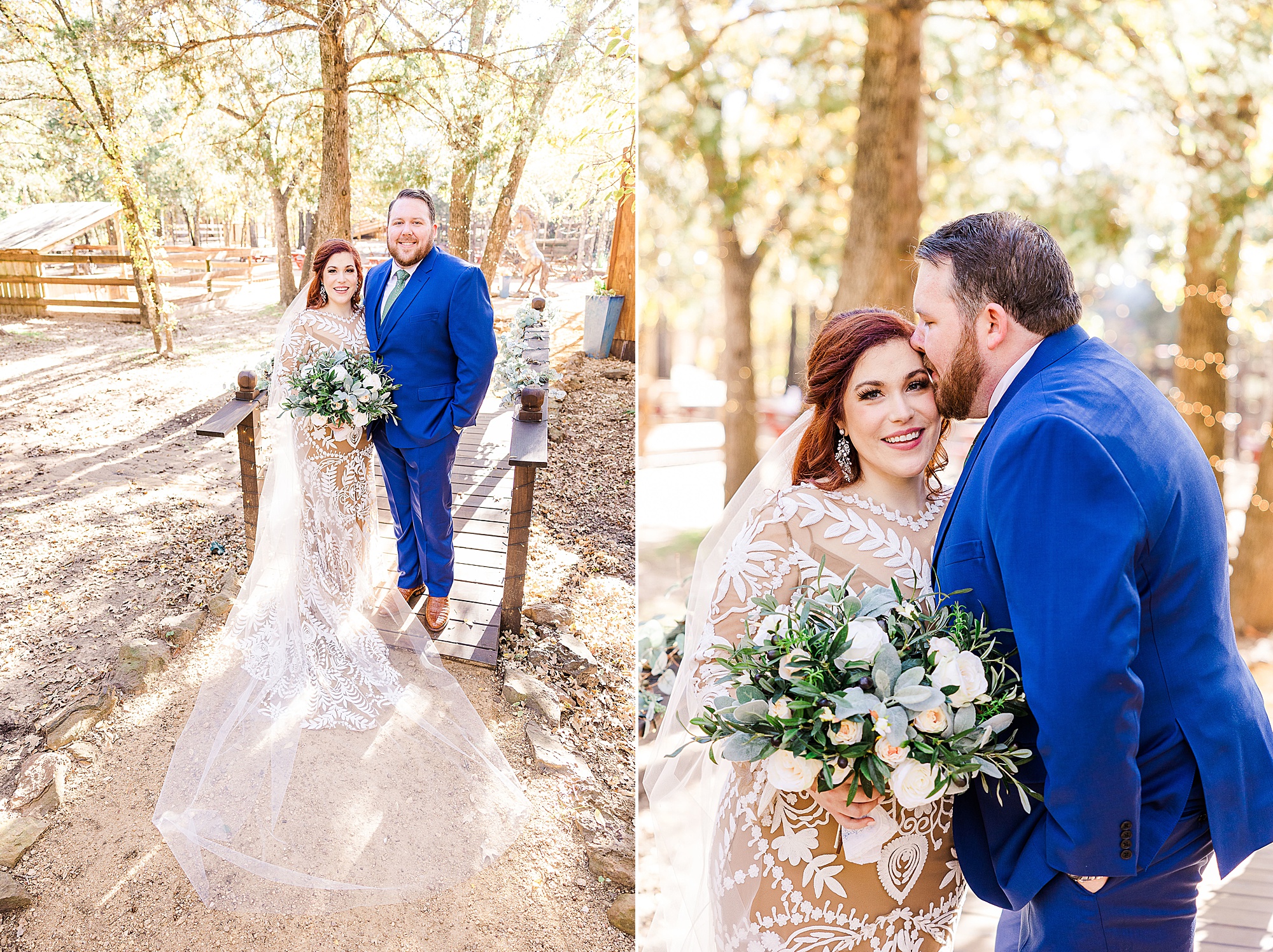 groom kisses bride's forehead during Texas wedding portraits 