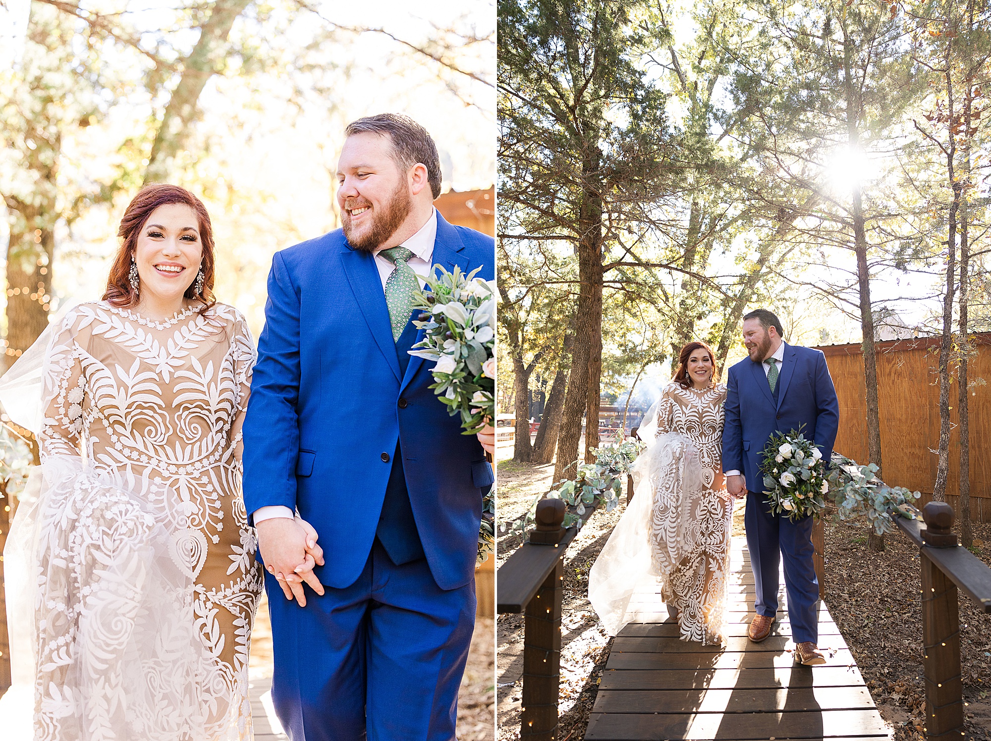 bride and groom walk through bridge at Oak Meadow Ranch