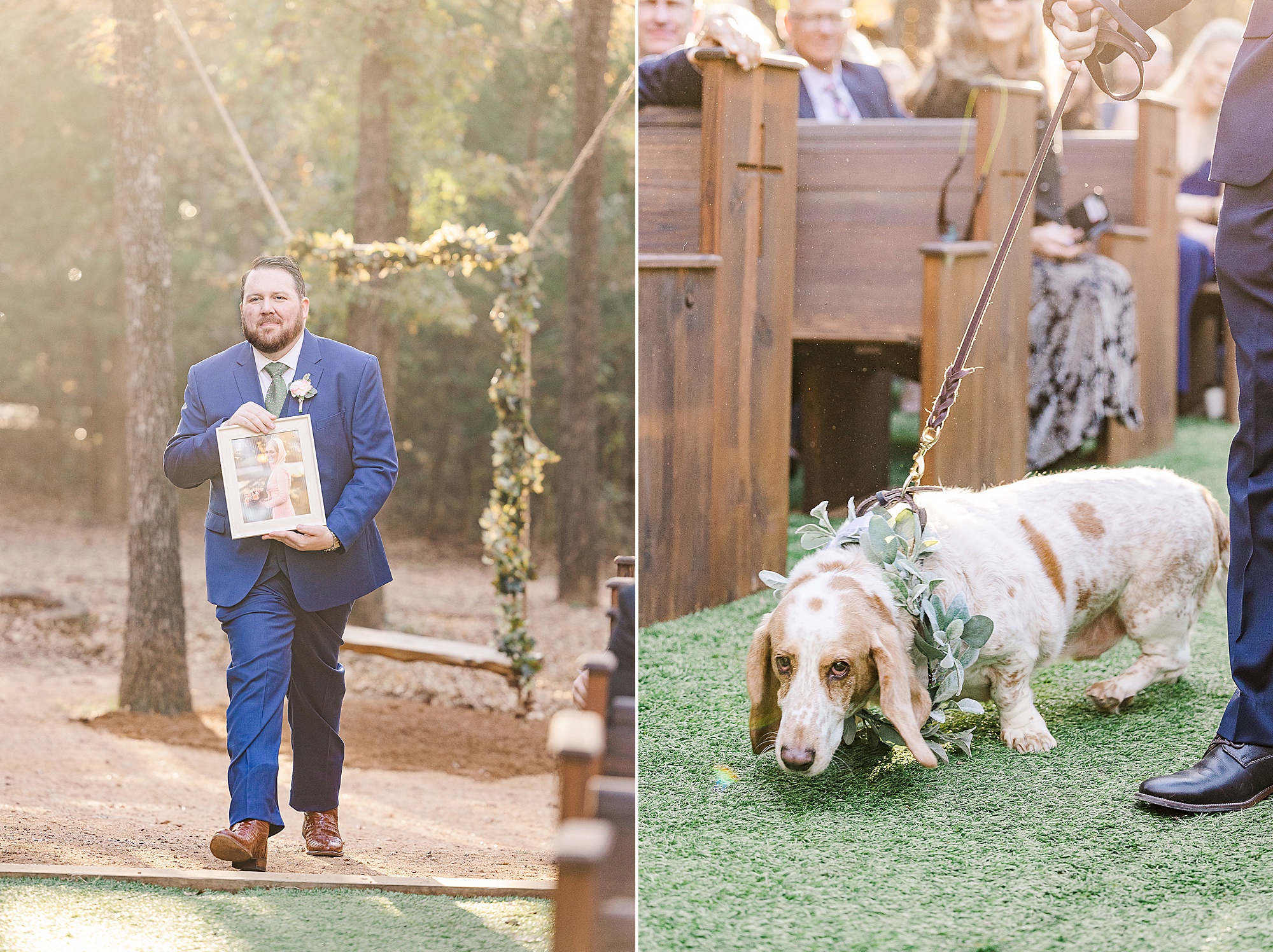 groom walks down the aisle with photo of mother