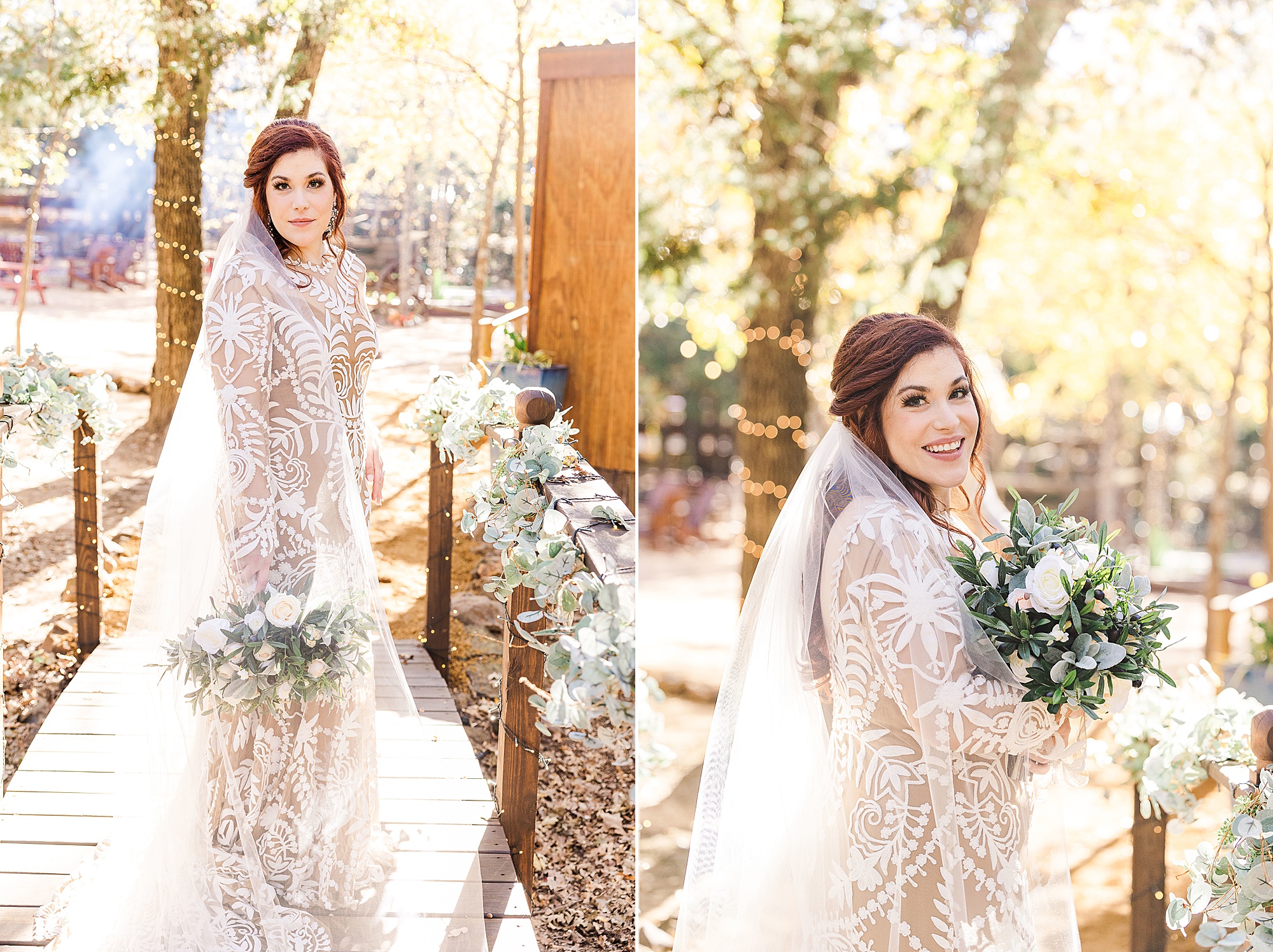 bride stands on wooden bridge in lace wedding gown at Oak Meadow Ranch