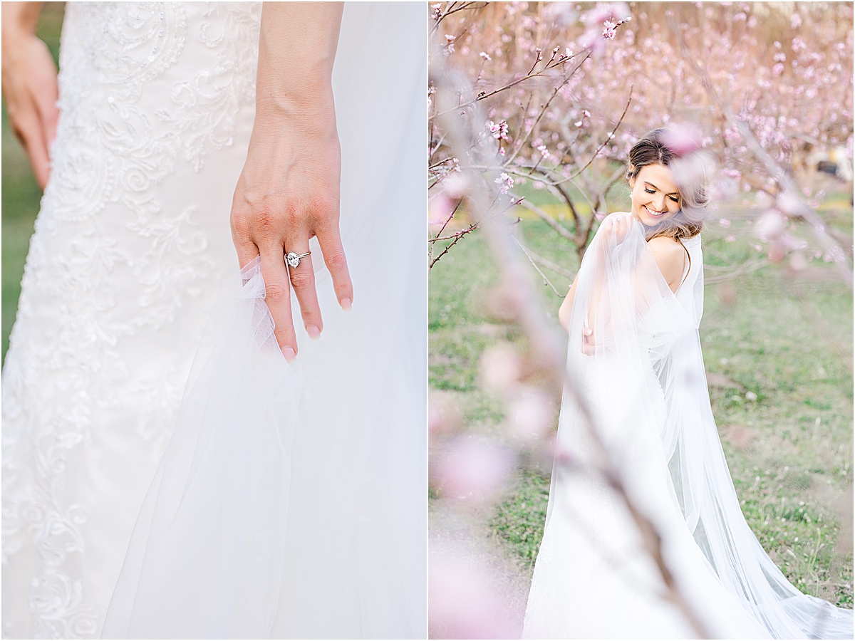 hand with marquis cut diamond ring holding veil, bride with cathedral length veil in peach orchard