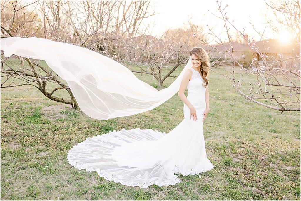 bride with chapel length train and cathedral length veil blowing in wind at bridal session

