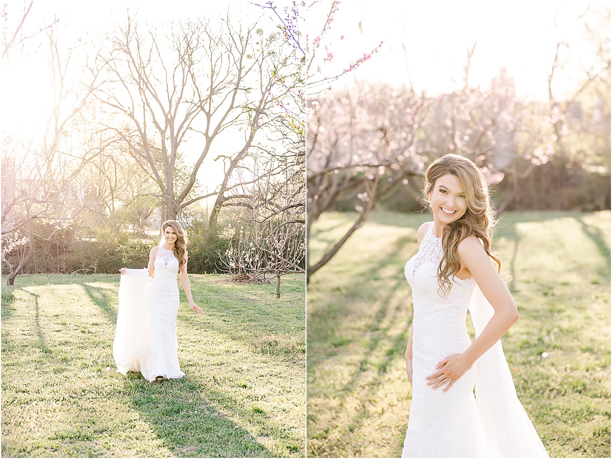 bride in white lace gown walking in peach orchard at bridal session