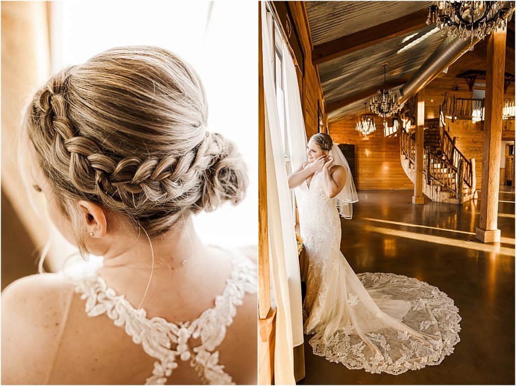 bridal hairstyle with braid and bun, bride in white lace dress looking out window