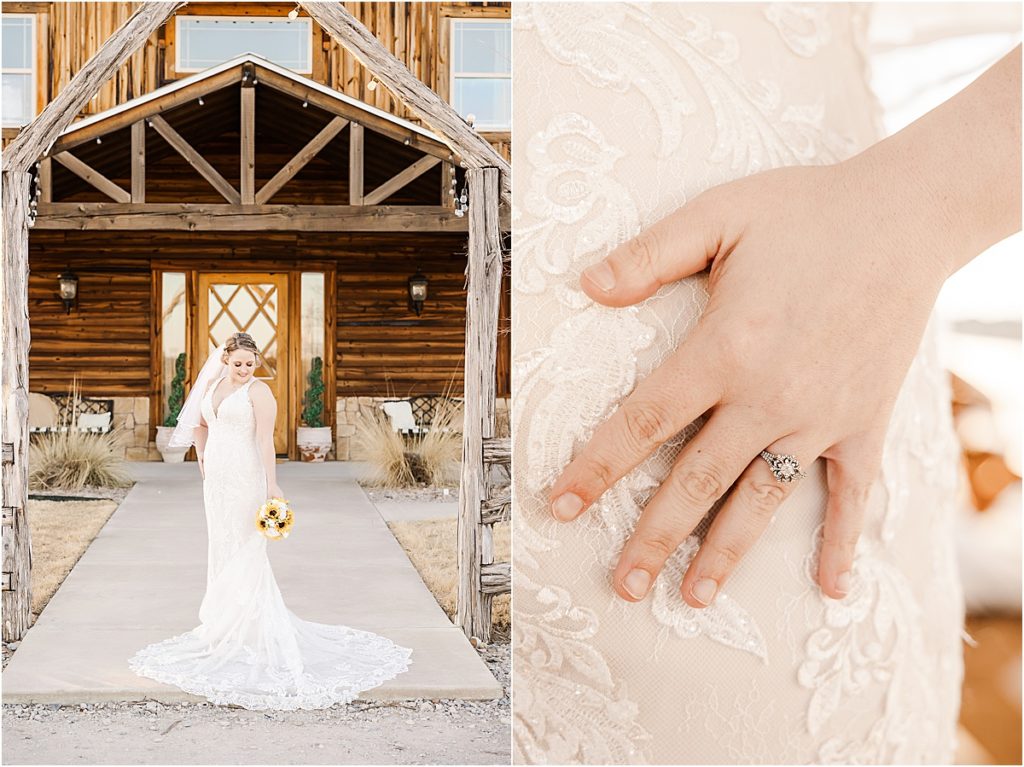 bride in front of rustic venue, engagement ring on bride's hand over lace dress
