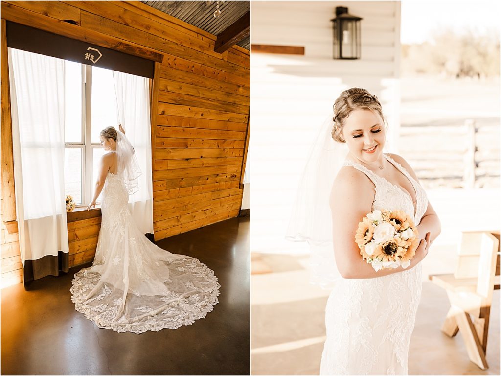 bride in white lace dress looking out window, bride looking down at sunflower and white rose bouquet

