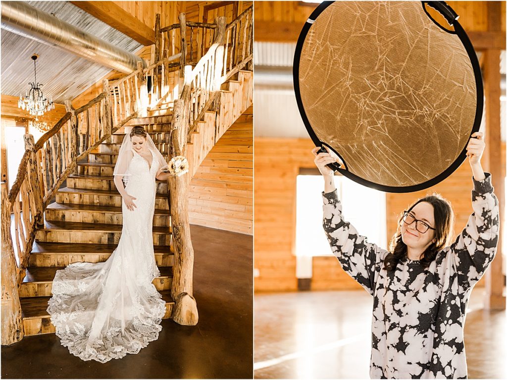 bride in white lace dress on wood stairs, woman holding gold light reflector 