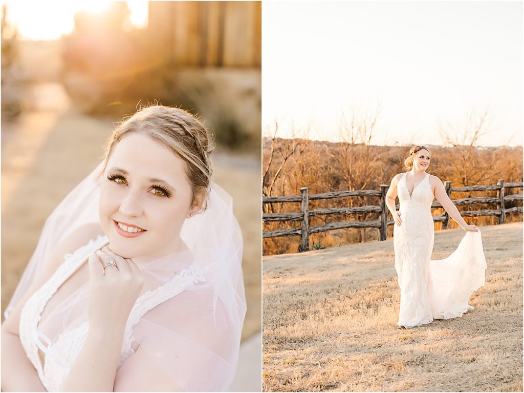 bride in white v neck gown and white veil looking up at camera, bride walking in front of rustic wood fence
