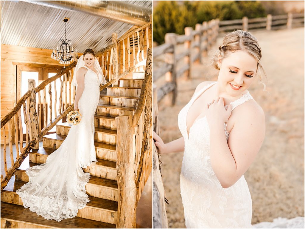bride with sunflower bouquet standing on wood stairs, bride adjusting necklace looking down over shoulder 