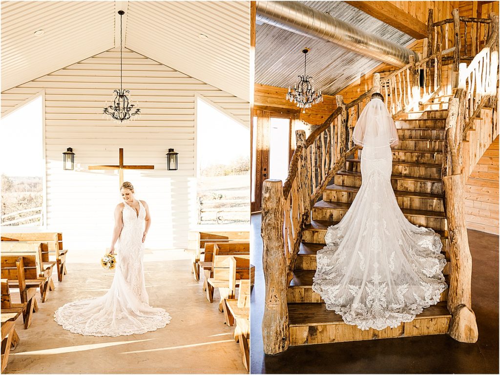 bride in white lace dress in white open air chapel, white lace wedding dress on rustic wood stairs