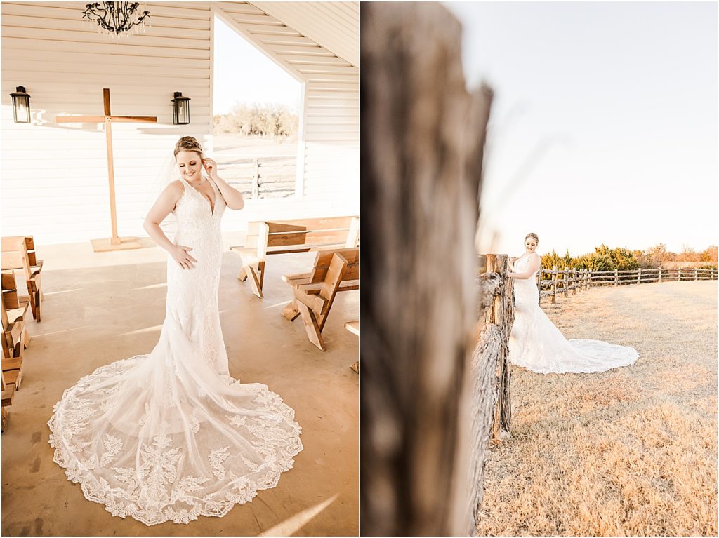 bride in white lace dress in white open air chapel, bride looking down at ground in front of wooden fence